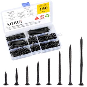 premium drywall screws, 150pcs, 8 sizes wood screws assortment kit, phillips tips quality black wood screws set, assorted flat head screws for sheetrock, wood, drywall, furniture