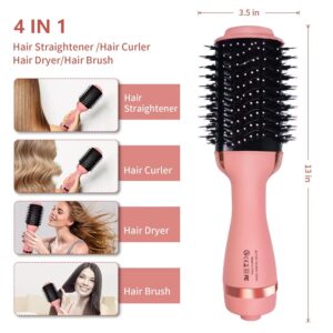 Huyerdo 4 in 1 Hair Dryer Brush, Pink Hot Air Brush Blow Dryer Brush in One, with Titanium Barrel, Hair Styler for Smooth, Negative Ion Anti-Frizz Blowout Hair Dryer Brush for Women