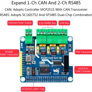 RS485 CAN HAT (B) for Raspberry Pi 4B/3B+/3B/2B/Zero/Zero W/Zero 2W/ Zero 2WH, 2-Ch RS485 and 1-Ch CAN, Industrial Grade Isolation Protection, Bulit-in ADI Magnetical Isolation, TVS Diode, etc