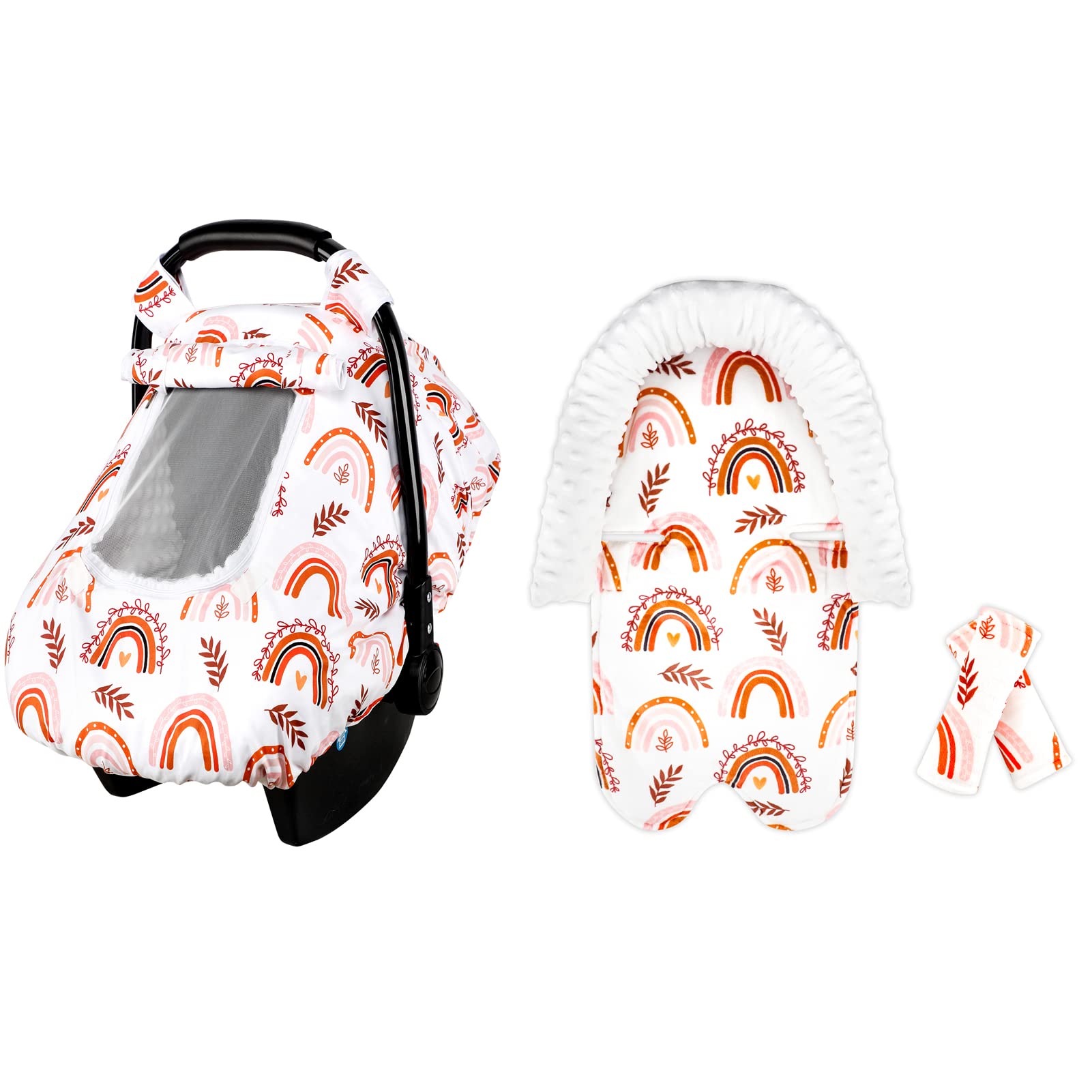 Infant Car Seat Covers and Baby Car Seat Head Support Strap Cover Set for Newborns Ultra Soft Comfortable Minky Dot Fabric Unique Rainbow Pattern