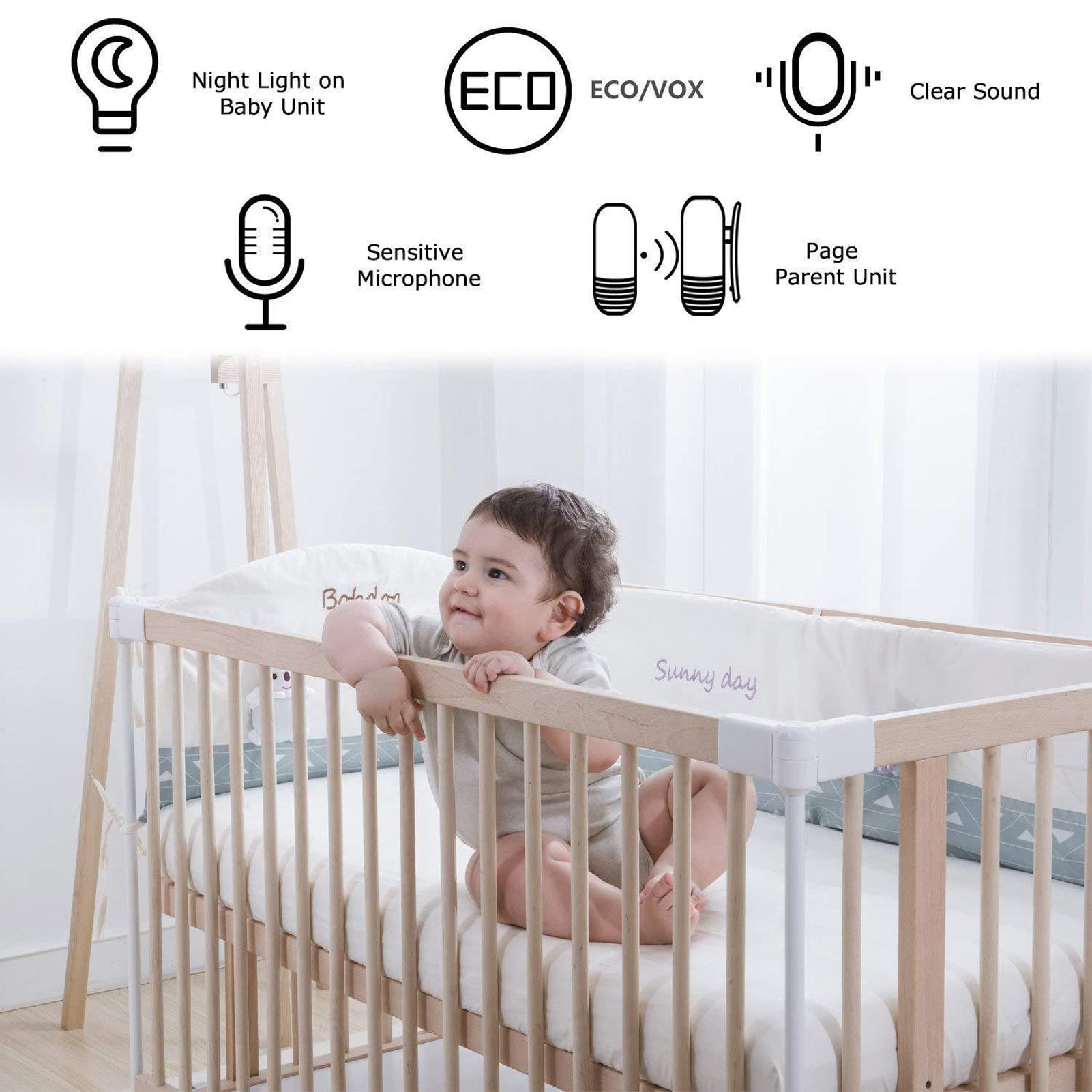 Audio Baby Monitor, 2.4GHz Wireless Audio Baby Monitor, Two Way Intercom Baby Care Monitor with Night Light 100‑240V (US Plug)