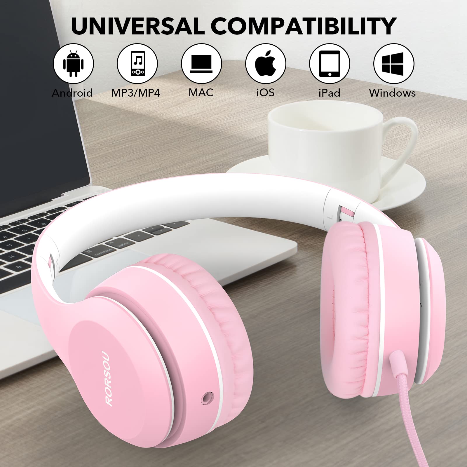 RORSOU K5 Kids Headphones with Microphone for shchool, Volume Limiter 85/94dB, Foldable Stereo Tangle-Free 3.5mm Jack Wired Cord On-Ear Headphones for Children/Boys/Girls/Kindle/Tablet/MP3/4 (Pink)