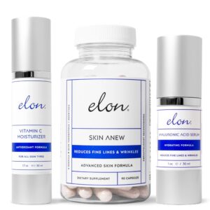 elon face skin care set – skin care kit w/ antioxidant c moisturizer for face, skin anew hydrolyzed collagen capsules, & hyaluronic acid serum for face – skin care products for all skin types