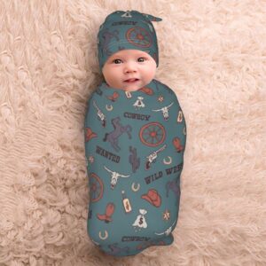 Qwalnely Swaddling Blanket for Baby, Sleeping Sacks, Unisex Baby Stuff with Hat, Western