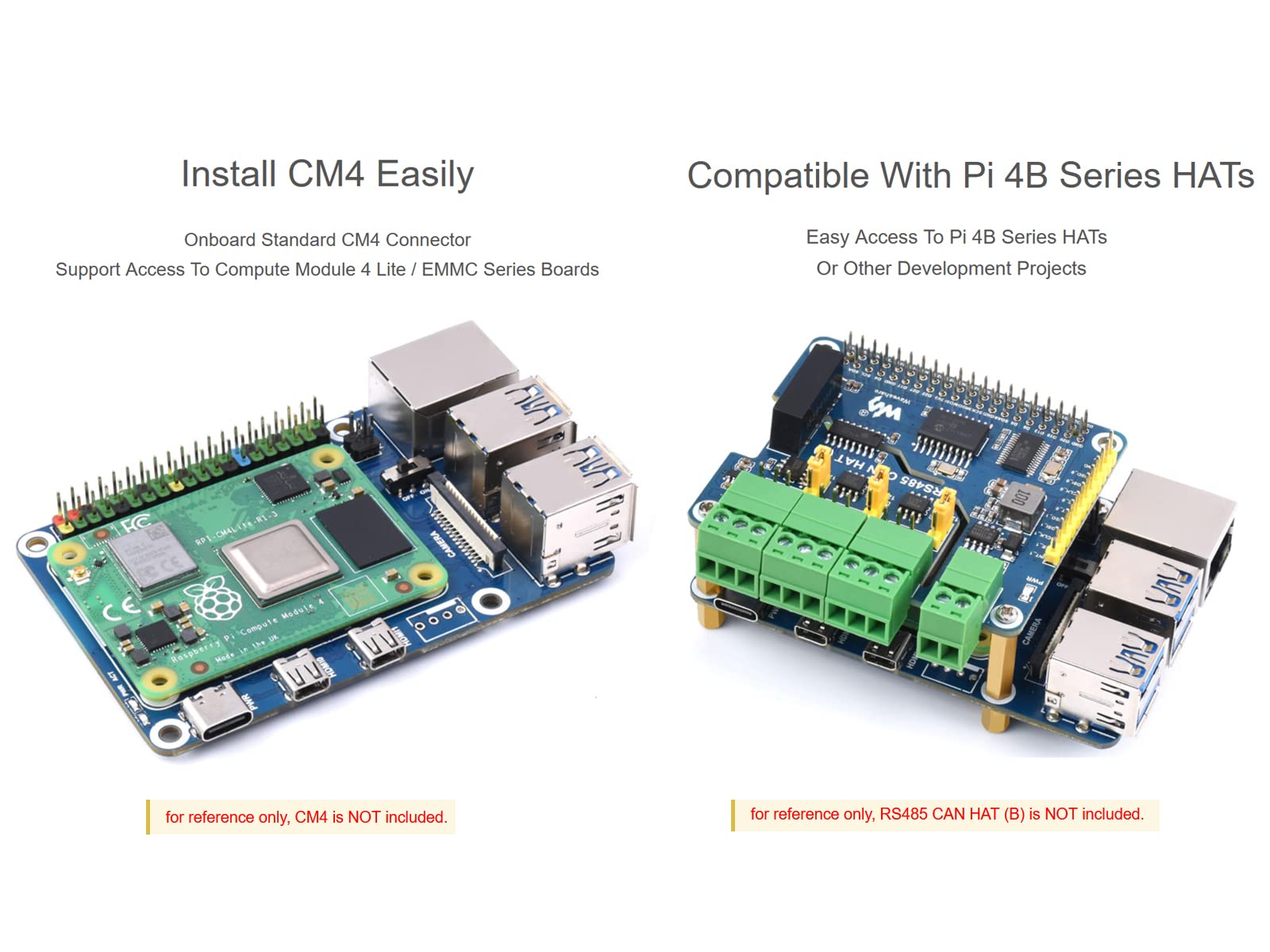 waveshare CM4 to Raspberry Pi 4B Adapter, Alternative Solution for Raspberry Pi 4B, Onboard Standard CM4 Connector, 4-CH USB 3.0 Ports, RJ45 Gigabit Ethernet Port, PoE Header etc.