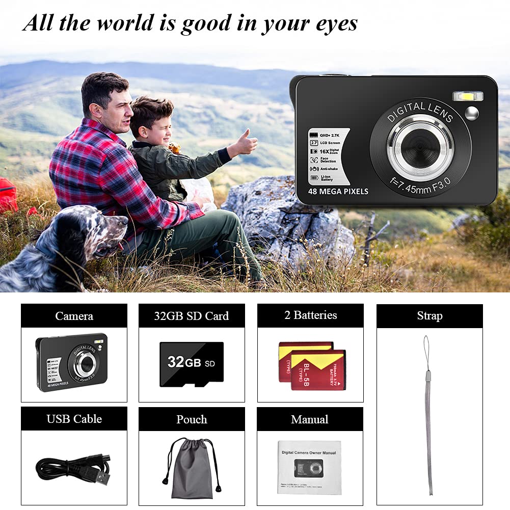 2.7K Digital Camera,HD Compact Camera 16X Digital Zoom with 32GB SD Card and 2 Batteries (Black)