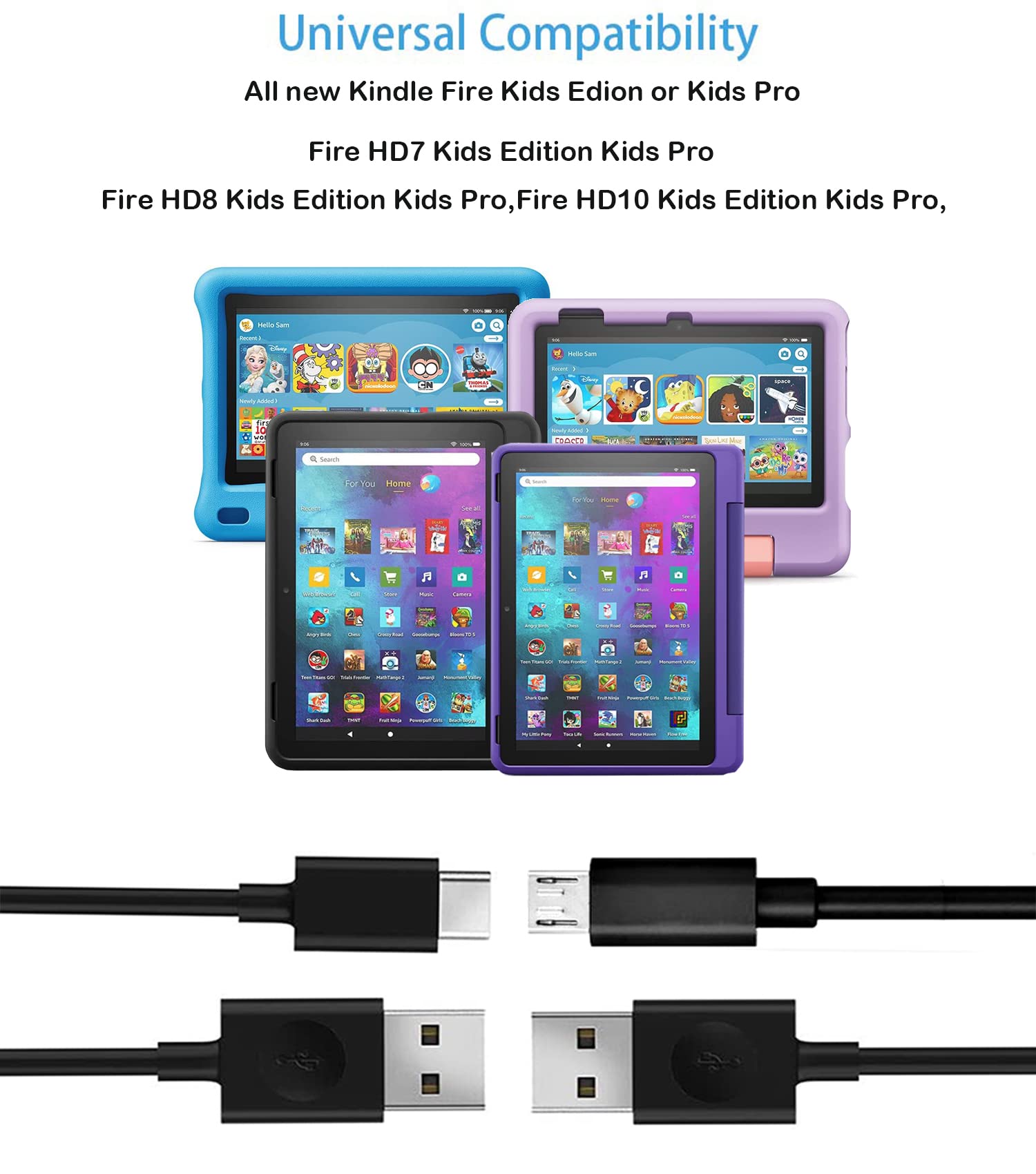 Kids Fire Tablet Charger with 5Ft USB C&Micro USB Cord Fit for Fire HD 7 8 10 Kids Edition,Fire 7 8 10 Plus Kids Pro and Kindle Kids Edition…