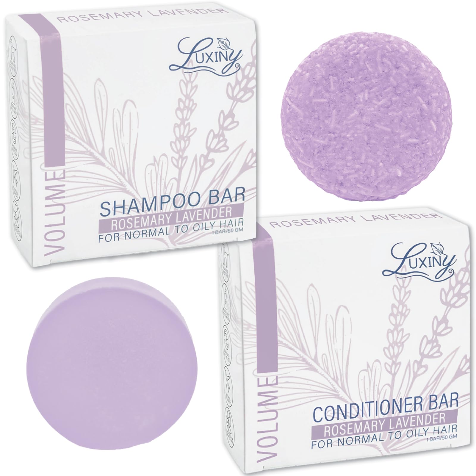 Luxiny Hair Shampoo and Conditioner Set - Sulfate Free Lavender Bars, Made in USA (1 Shampoo Bar 60g, 1 Deep Conditioner Bar 50g)