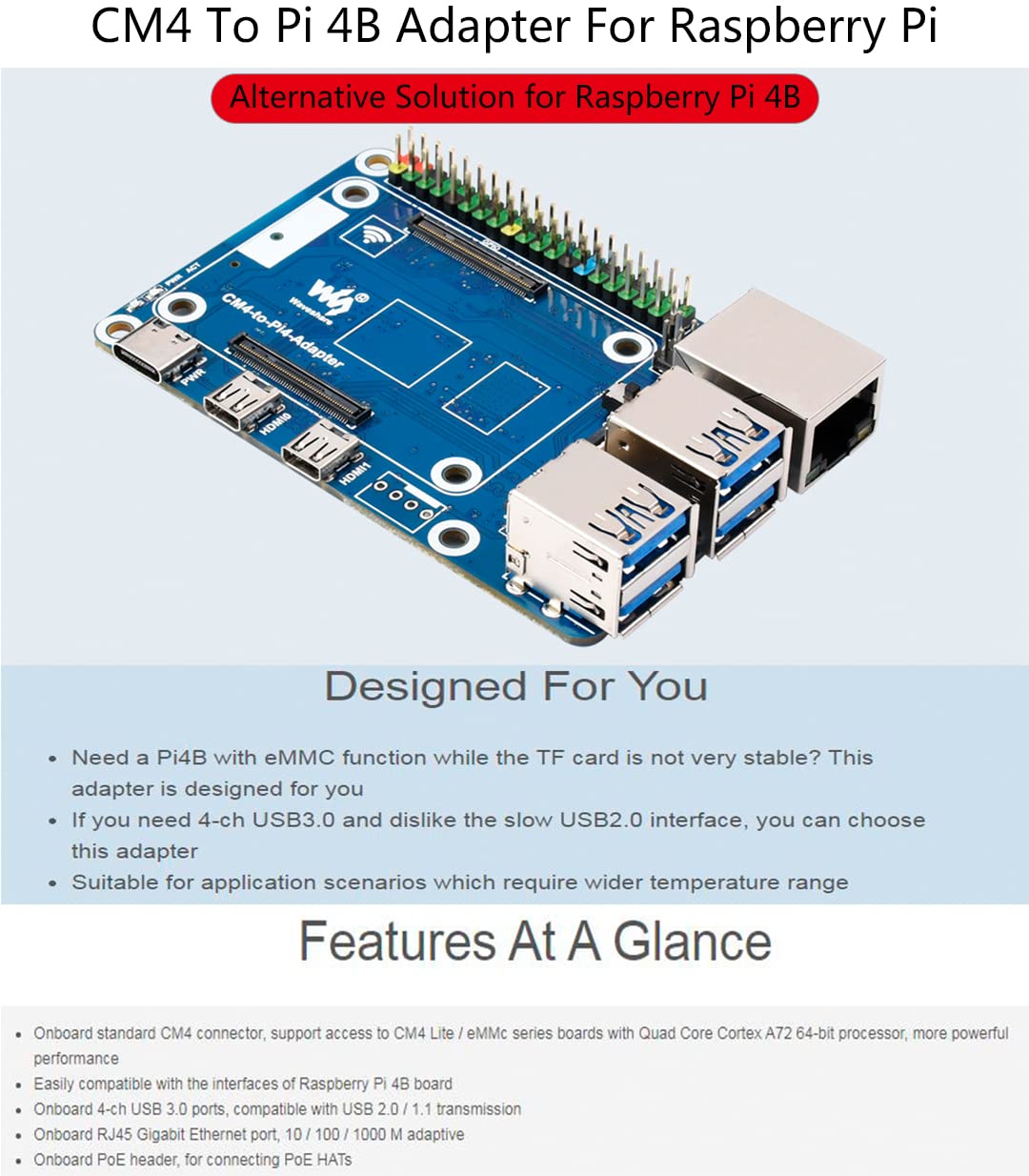 Compute Module 4 to Raspberry Pi 4B Adapter, Based on Compute Module 4 to Reproduce Original Appearance of Pi 4, Alternative for Raspberry Pi 4B,Compatible with Pi 4B Series Hats