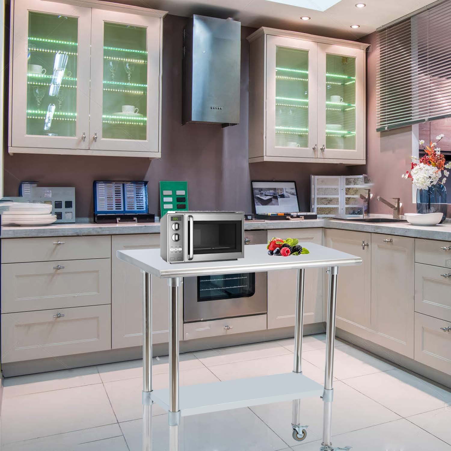 Stainless Steel Work Table w/Undershelf and Casters,30" x 18" inch Commercial Kitchen Work & Prep Table for for Restaurant, Home and Hotel.