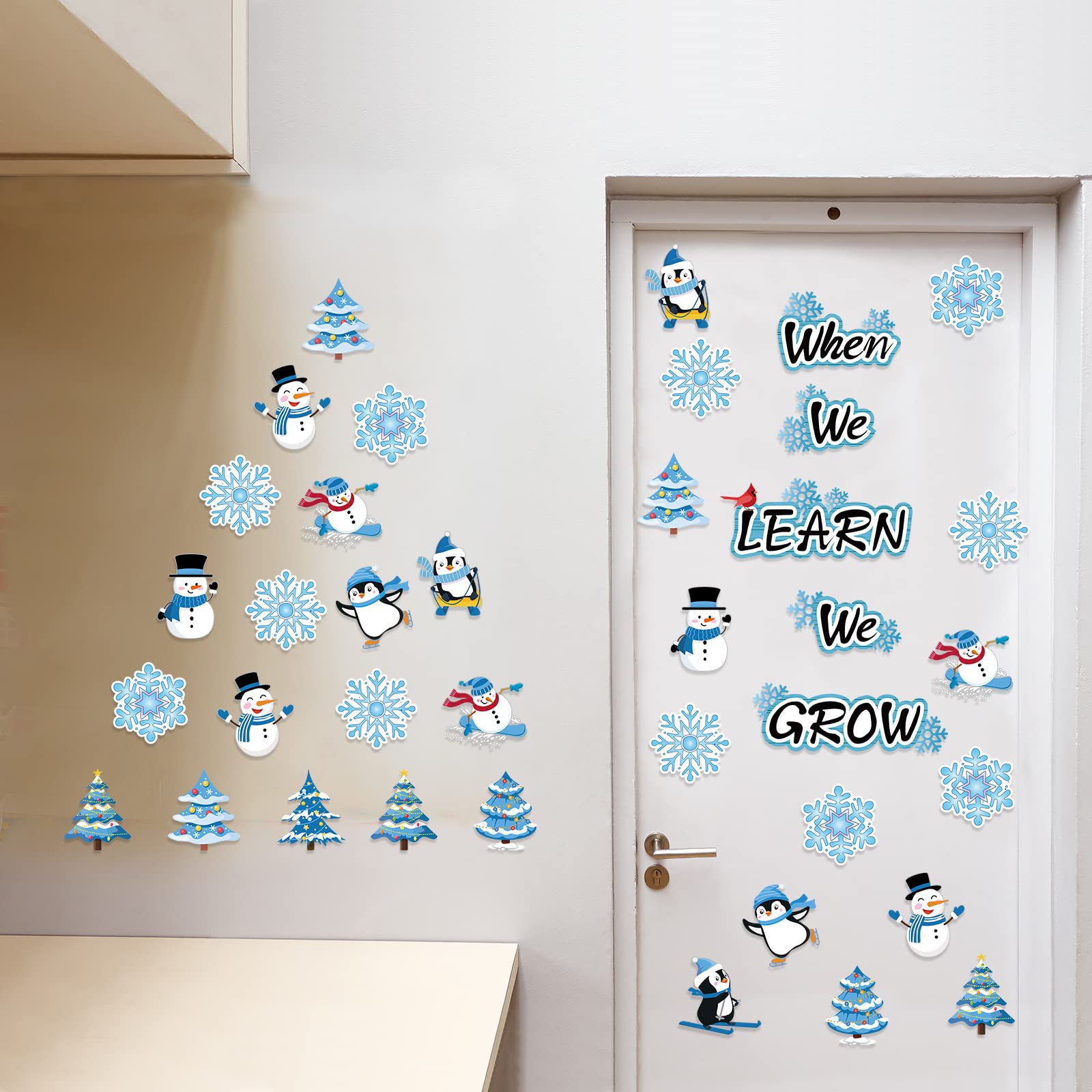 58 Pcs Winter Cutouts Classroom Bulletin Board Decoration Snowflake Snowman Penguin Christmas Tree Cut Outs When We Learn We Grow Positive Paper Cut Outs for Kids Classroom School Office Home Nursery