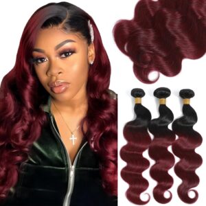 kapelli hair 10a ombre brazilian hair body wave (t1b/99j,16" 18" 20") ombre human hair 3 bundles ombre brazilian human hair virgin remy hair bundles 2 tone black to burgundy human hair weave