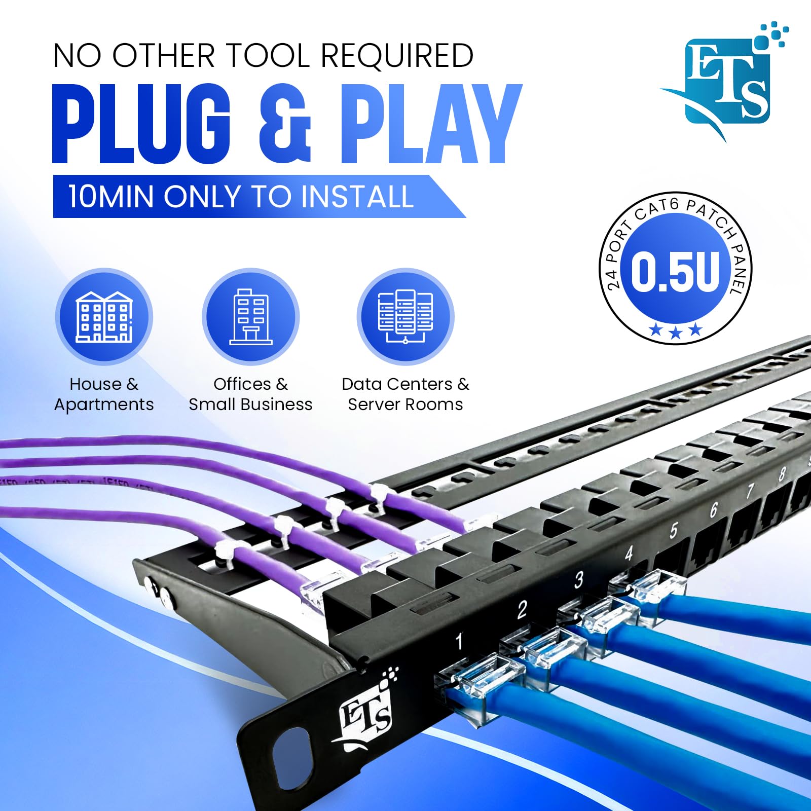 ETS 24 Port Patch Panel CAT6 0.5U Inline Pass Through Keystone Coupler UTP High Density