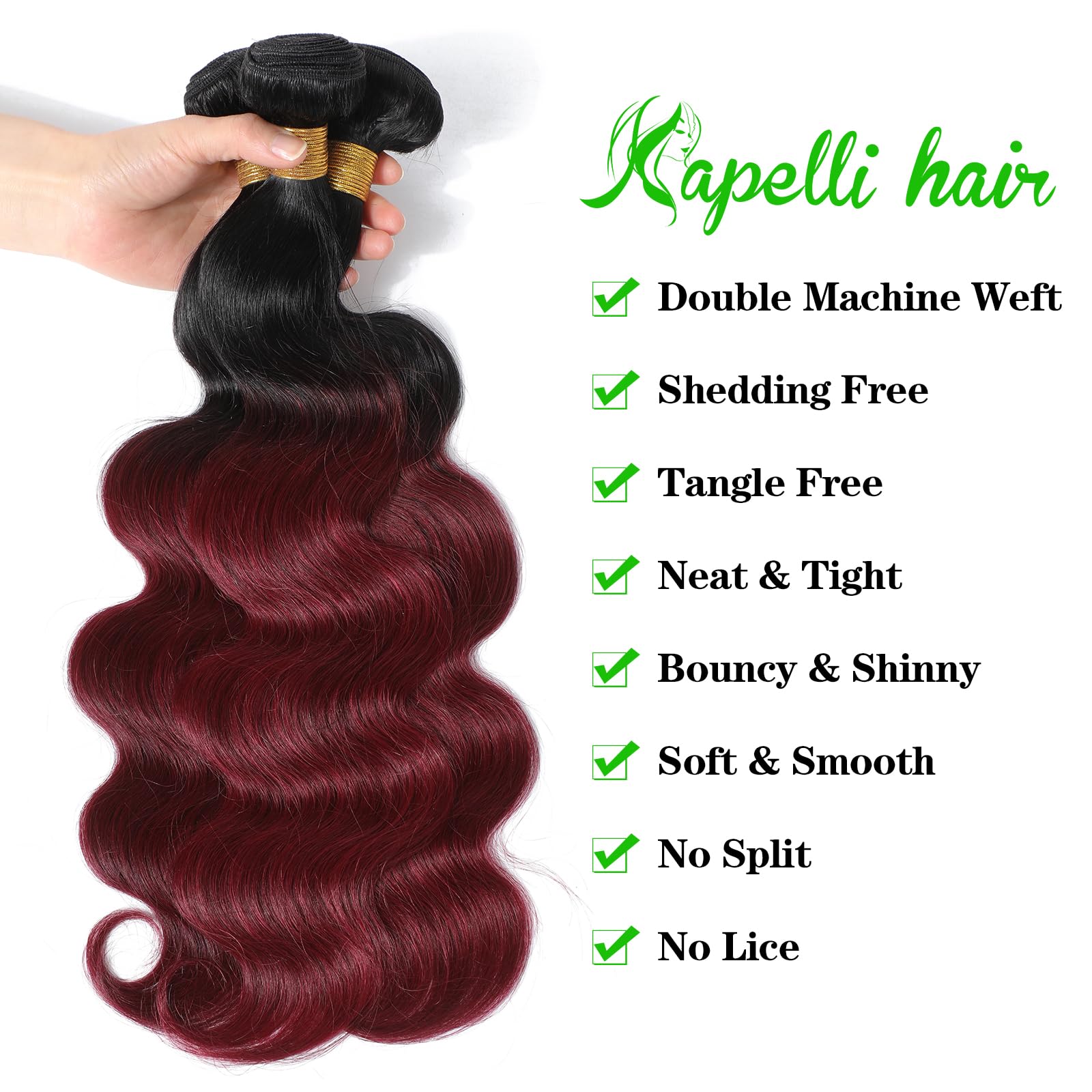 Kapelli Hair 10A Ombre Brazilian Hair Body Wave (T1B/99J,16" 18" 20") Ombre Human Hair 3 Bundles Ombre Brazilian Human Hair Virgin Remy Hair Bundles 2 Tone Black to Burgundy Human Hair Weave