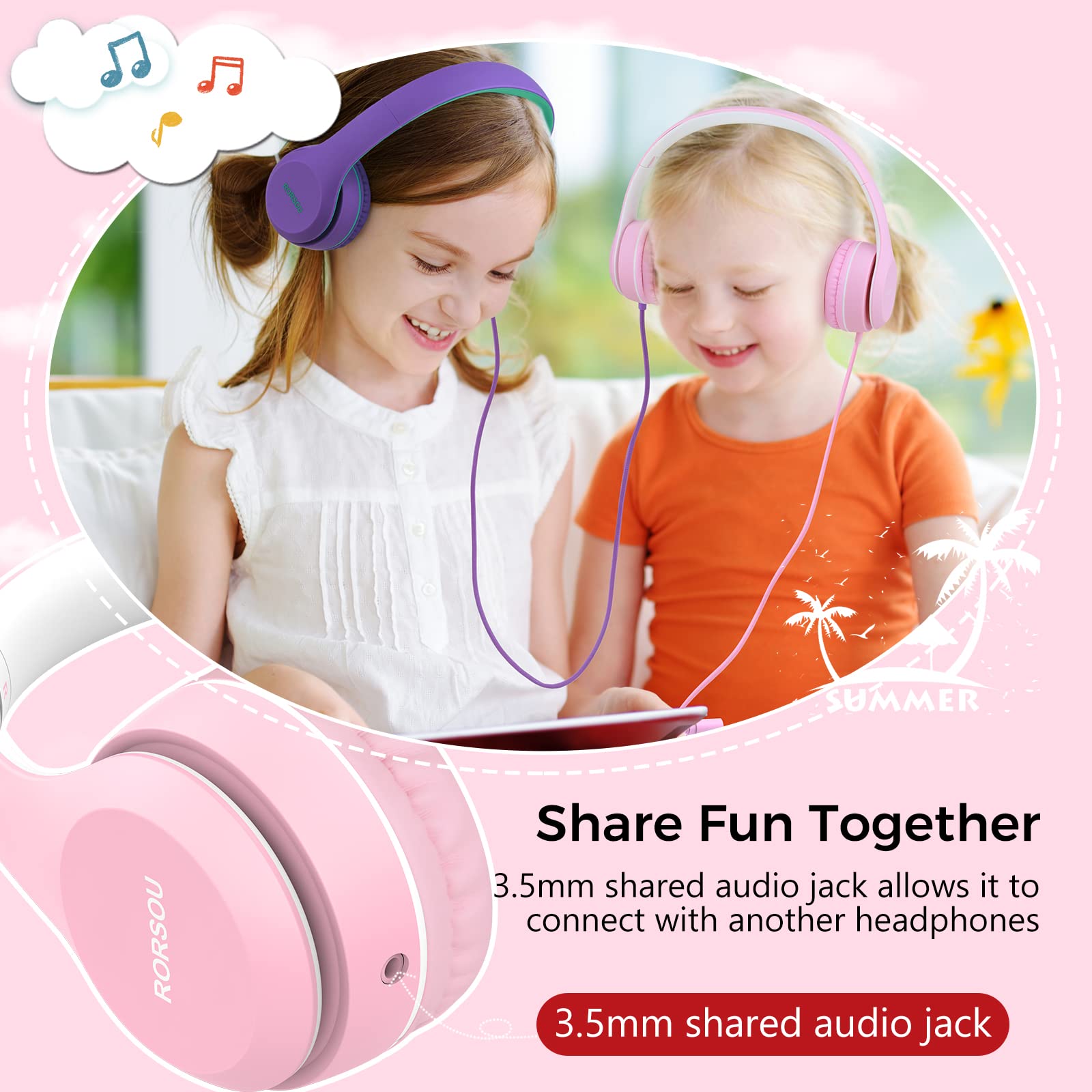 RORSOU K5 Kids Headphones with Microphone for shchool, Volume Limiter 85/94dB, Foldable Stereo Tangle-Free 3.5mm Jack Wired Cord On-Ear Headphones for Children/Boys/Girls/Kindle/Tablet/MP3/4 (Pink)