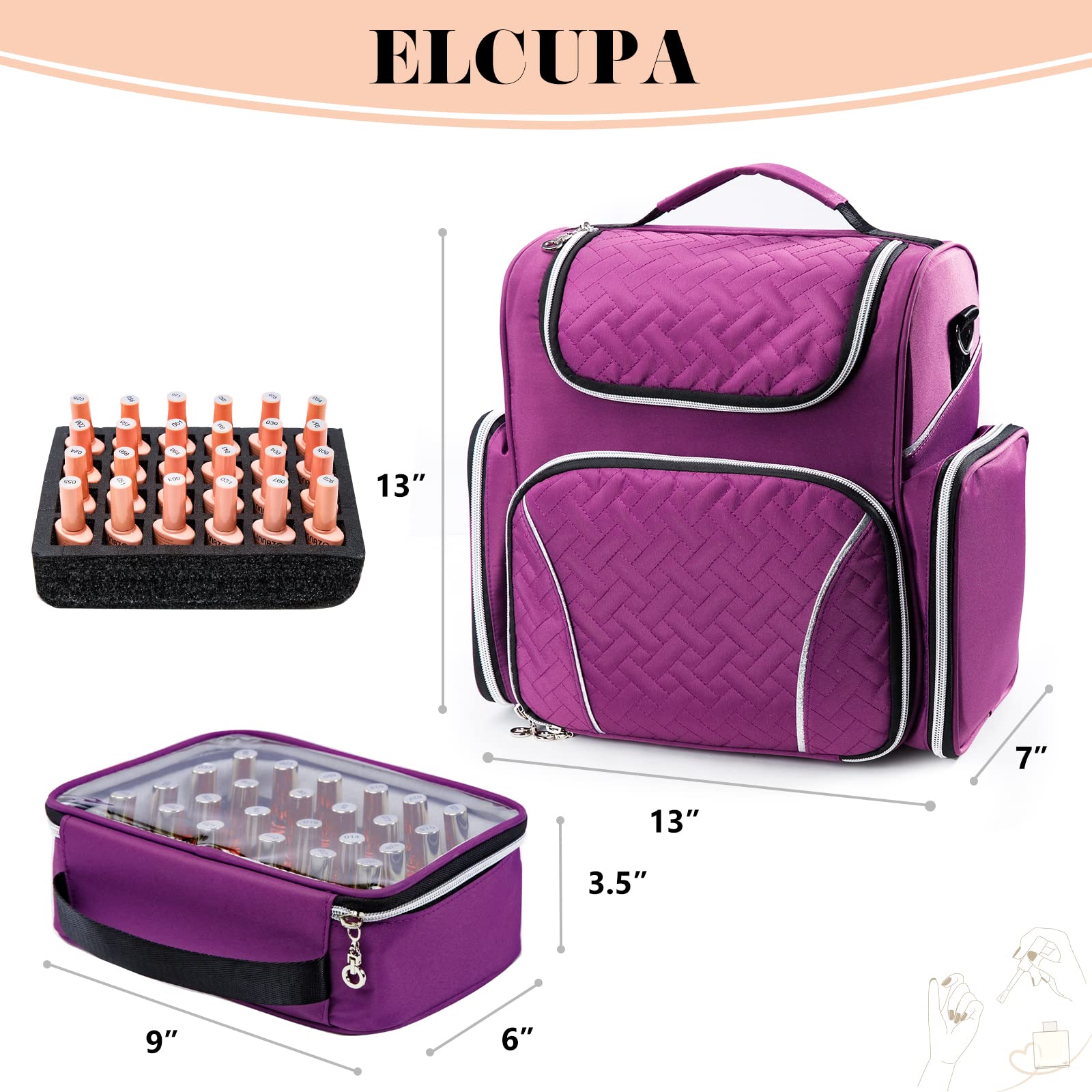 ELCUPA Nail Polish Organizer Holds 48 Bottles and a Nail Lamp, Nail Tech Storage Case Large Nail Polish Bag with 2 Removable Boxes and Tools Storage Pockets