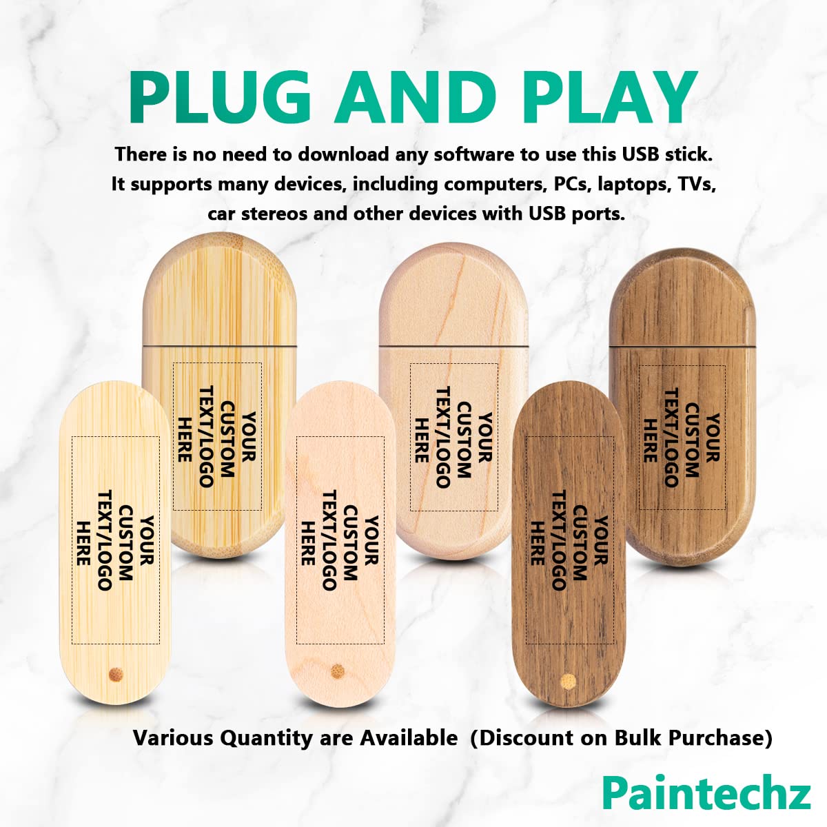 Paintechz Custom Logo Wood USB Flash Drives 100 Pack, Personalized Text Bulk - as Corporate Gifts and Promotional Giveaways - 512MB