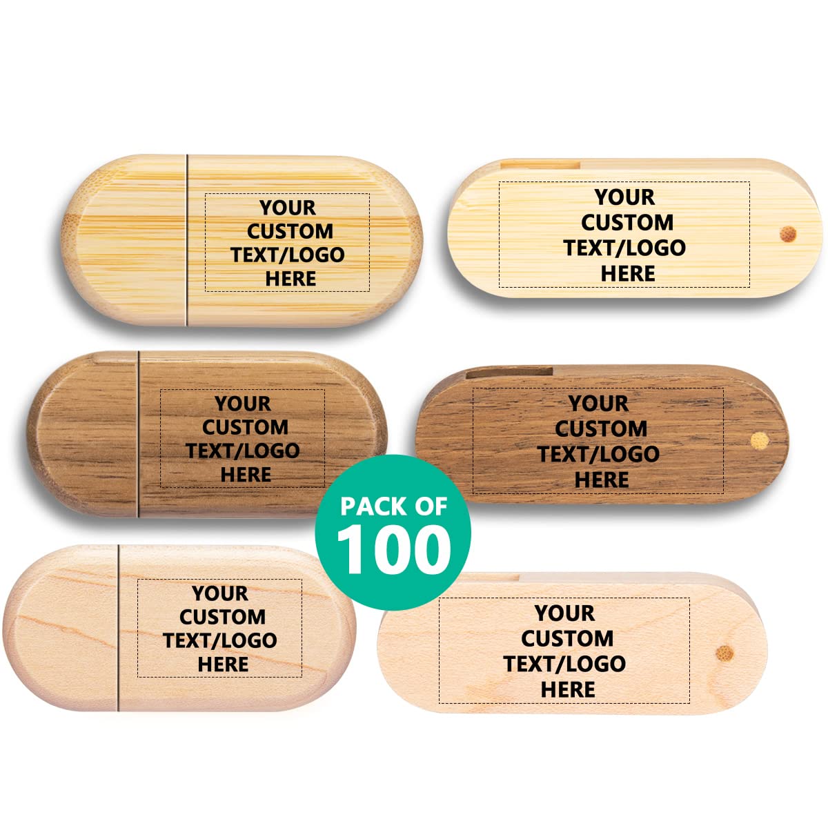 Paintechz Custom Logo Wood USB Flash Drives 100 Pack, Personalized Text Bulk - as Corporate Gifts and Promotional Giveaways - 512MB