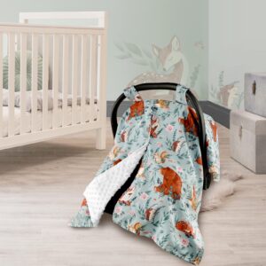 Baby Carseat Cover Boys & Girls, Peekaboo Opening Minky Carseat Canopy, Woodland Animals