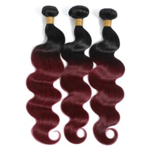 Kapelli Hair 10A Ombre Brazilian Hair Body Wave (T1B/99J,16" 18" 20") Ombre Human Hair 3 Bundles Ombre Brazilian Human Hair Virgin Remy Hair Bundles 2 Tone Black to Burgundy Human Hair Weave