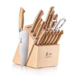 cangshan oliv series 15-piece knife block set, forged swedish 14c28n steel, maple block, 501691