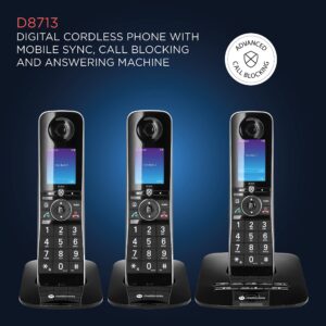 Motorola Voice D8713 Cordless Phone System w/3 Digital Handsets + Bluetooth to Cell, Answering Machine, Call Block - Black