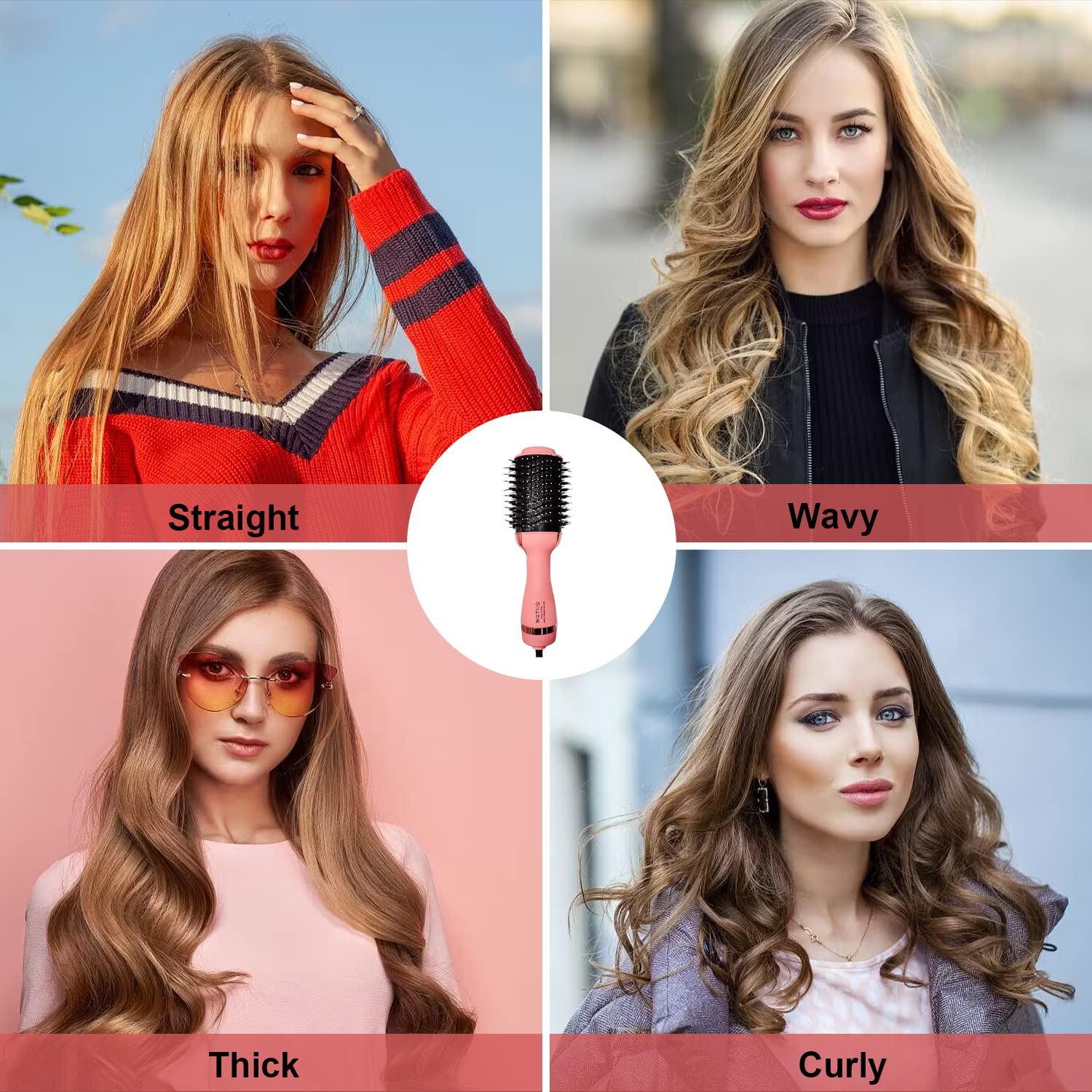 Huyerdo 4 in 1 Hair Dryer Brush, Pink Hot Air Brush Blow Dryer Brush in One, with Titanium Barrel, Hair Styler for Smooth, Negative Ion Anti-Frizz Blowout Hair Dryer Brush for Women