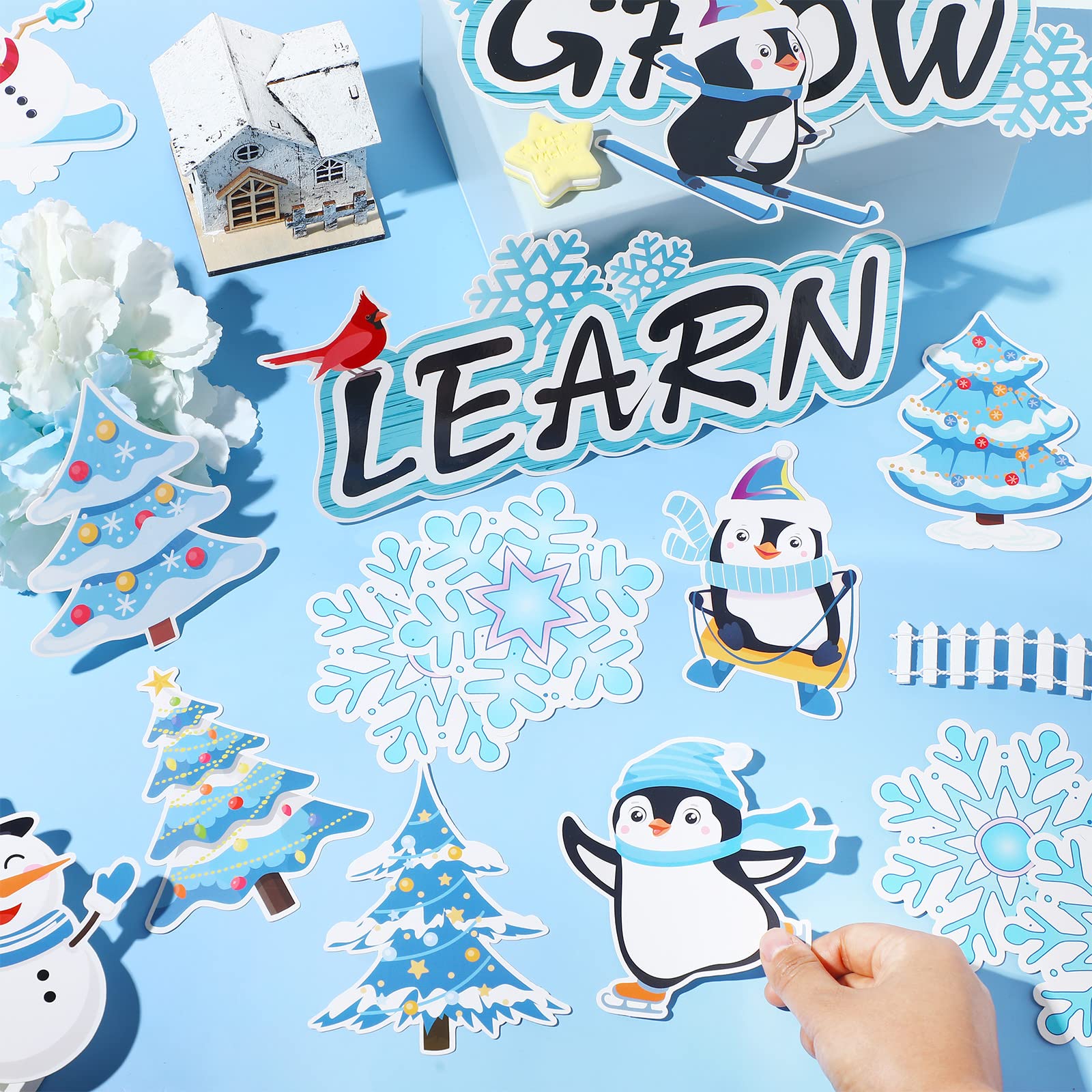 58 Pcs Winter Cutouts Classroom Bulletin Board Decoration Snowflake Snowman Penguin Christmas Tree Cut Outs When We Learn We Grow Positive Paper Cut Outs for Kids Classroom School Office Home Nursery