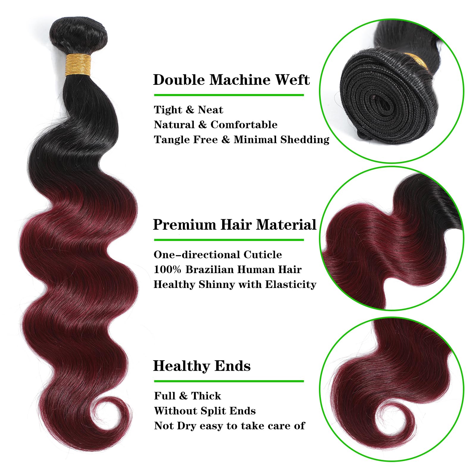 Kapelli Hair 10A Ombre Brazilian Hair Body Wave (T1B/99J,16" 18" 20") Ombre Human Hair 3 Bundles Ombre Brazilian Human Hair Virgin Remy Hair Bundles 2 Tone Black to Burgundy Human Hair Weave