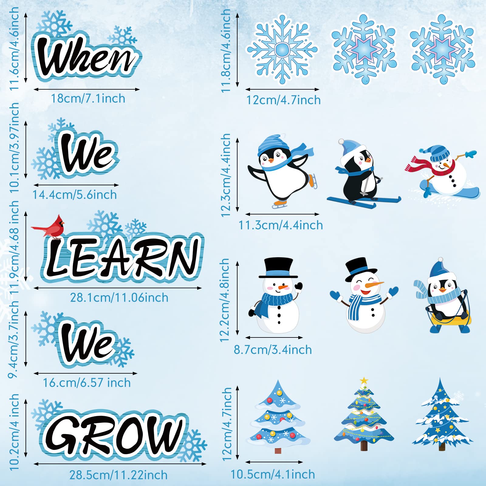 58 Pcs Winter Cutouts Classroom Bulletin Board Decoration Snowflake Snowman Penguin Christmas Tree Cut Outs When We Learn We Grow Positive Paper Cut Outs for Kids Classroom School Office Home Nursery