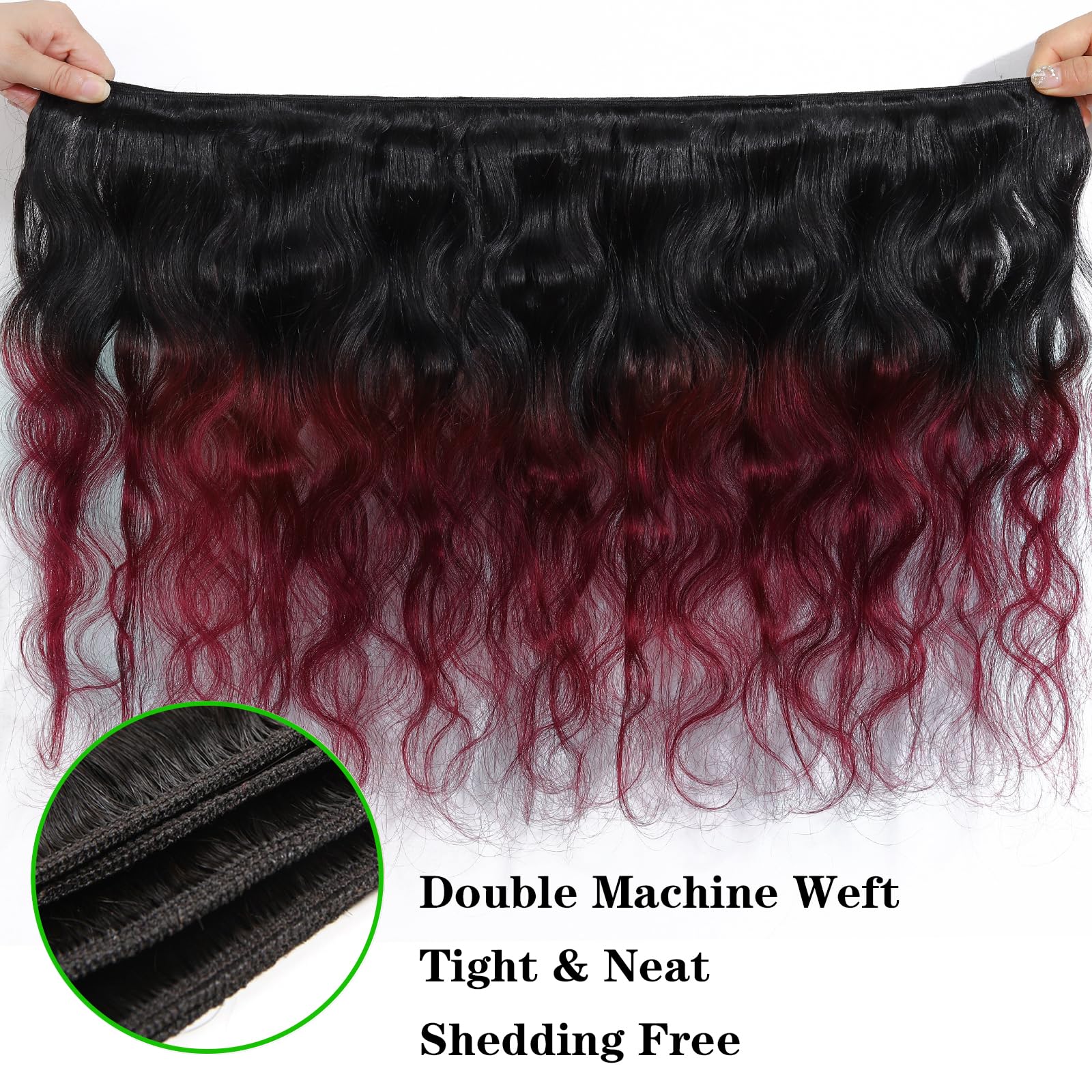 Kapelli Hair 10A Ombre Brazilian Hair Body Wave (T1B/99J,16" 18" 20") Ombre Human Hair 3 Bundles Ombre Brazilian Human Hair Virgin Remy Hair Bundles 2 Tone Black to Burgundy Human Hair Weave