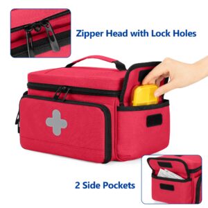 CURMIO Medicine Storage Bag Empty, Lockable Pill Bottle Organizer with Portable Zippered Pouches for First Aid Kits, Medicine Box for Home and Travel, Red (Patent Pending)