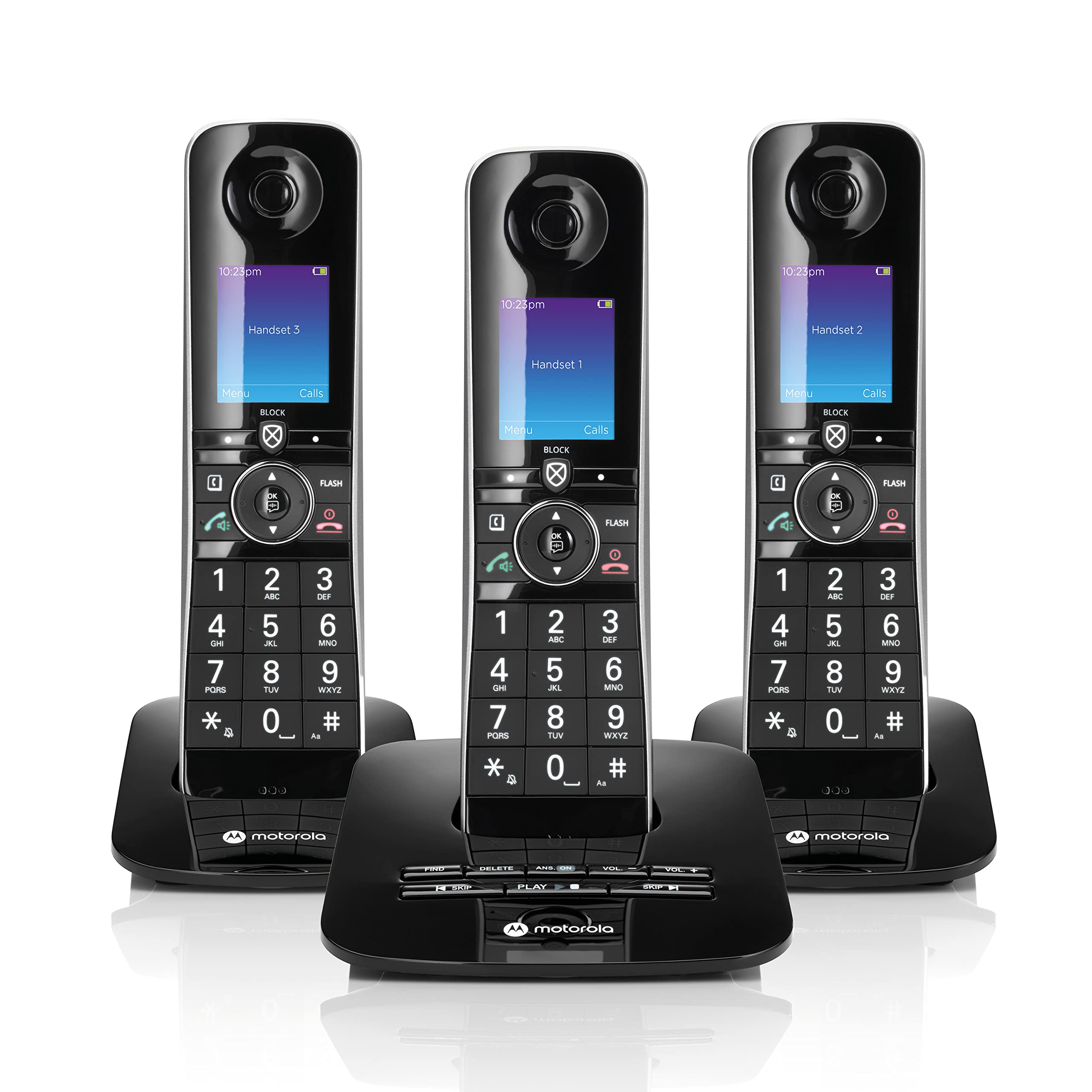 Motorola Voice D8713 Cordless Phone System w/3 Digital Handsets + Bluetooth to Cell, Answering Machine, Call Block - Black