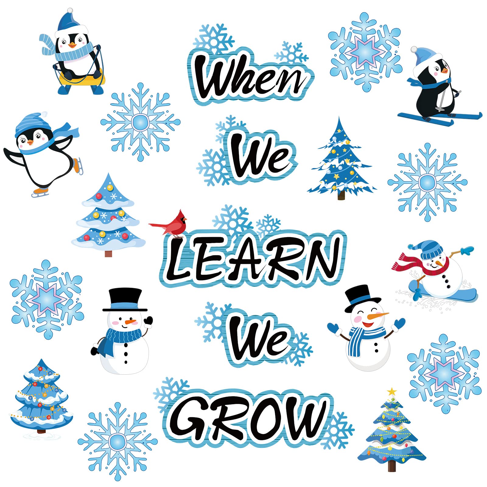 58 Pcs Winter Cutouts Classroom Bulletin Board Decoration Snowflake Snowman Penguin Christmas Tree Cut Outs When We Learn We Grow Positive Paper Cut Outs for Kids Classroom School Office Home Nursery