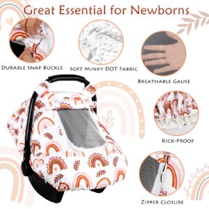 Infant Car Seat Covers and Baby Car Seat Head Support Strap Cover Set for Newborns Ultra Soft Comfortable Minky Dot Fabric Unique Rainbow Pattern