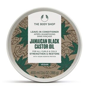 the body shop jamaican black castor oil leave-in conditioner - strengthen and restore for all curls and coils - with vegan silk proten - vegan - 13.6 oz