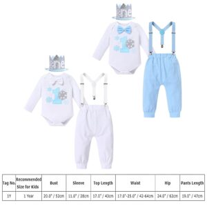 Baby Boys Winter Snowflake 1st Birthday Outfits Cake Smash Romper & Long Pants & Suspenders & Crown Fall Party Clothes Set for Kids Toddler Xmas Photo Props Gentleman Formal Suit Blue & Crown 12