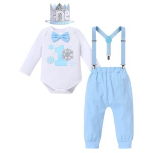 baby boys winter snowflake 1st birthday outfits cake smash romper & long pants & suspenders & crown fall party clothes set for kids toddler xmas photo props gentleman formal suit blue & crown 12