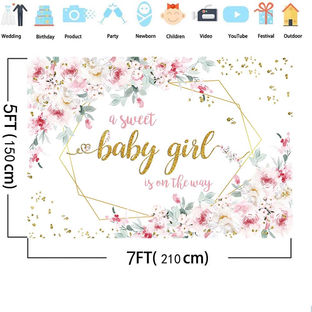 AIBIIN 7x5ft Floral Baby Shower Backdrop Baby Girl Pink Floral A Sweet Baby Girl is On The Way Baby Shower Photo Background Baby Girl Baby Shower Decorations Newborn Banner Supplies