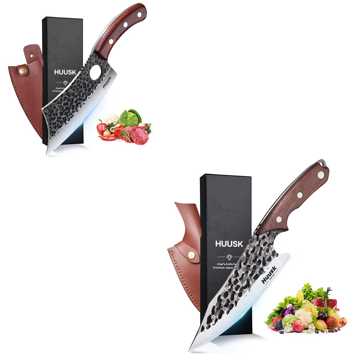 Huusk Viking Knife with Sheath Bundle with Cleaver Knife for Meat Cutting Boning Knife Outdoor Cooking Knife for Kitchen Deboning or Camping BBQ