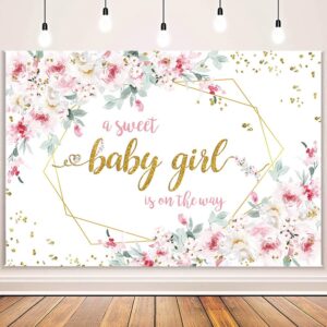 AIBIIN 7x5ft Floral Baby Shower Backdrop Baby Girl Pink Floral A Sweet Baby Girl is On The Way Baby Shower Photo Background Baby Girl Baby Shower Decorations Newborn Banner Supplies