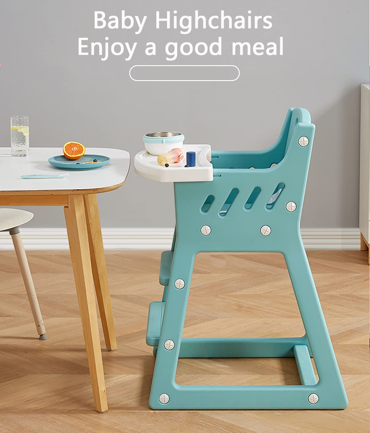 Baby Highchair,Children's Dining Chair, Safe and Solid Shape Structure Design, with Telescopic Gear Adjustable Feeding Tray, Can be Directly Washed (Aqua)