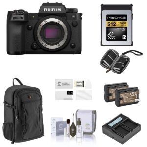 fujifilm x-h2s mirrorless digital camera body, black bundle with 512gb cfexpress type-b memory card, 2x battery, dual charger, backpack, screen protector, sd card case, cleaning kit