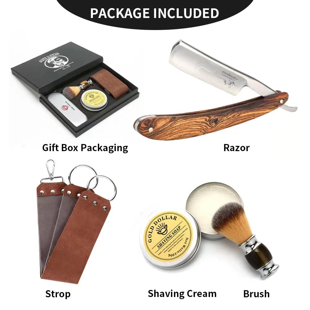 Straight Razor Wooden Handle Shaving Ready for Men Barber,Straight Edge Razor Kit Professional Shaving Razor with Leather Strop Brush Shaving Cream,Barber Approved