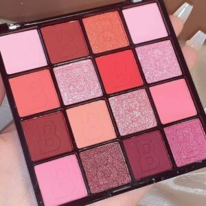 pink red eyeshadow palette, 16 colors pink matte glitter metallic eye shadow pallet, korean eyeshadow palette makeup, pigmented red eyeshadow kit for halloween parties joker vampire clown makeup