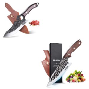 huusk japanese chef knife caveman knife bundle with viking knife with opener & sheath for halloween kitchen camping bbq, ideal thanksgiving gift