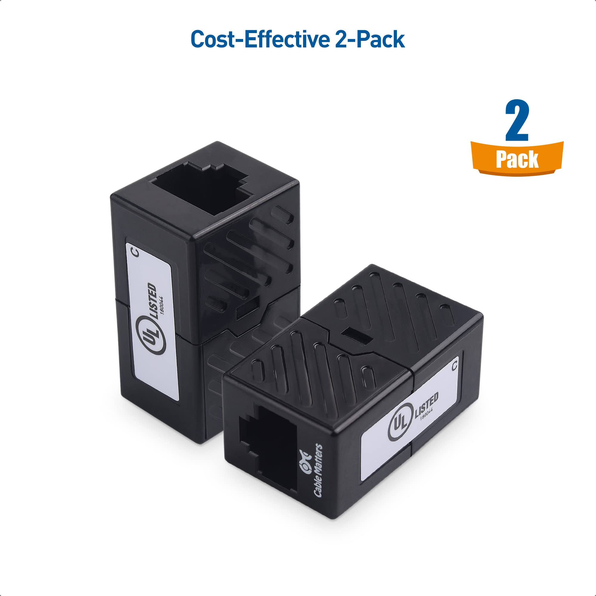 [UL Listed] Cable Matters 2-Pack 10Gbps Cat 6 Ethernet Coupler (RJ45 Coupler, Cat6 Coupler, Ethernet Extender Adapter) in Black, Compatible with Cat6A, Cat5e