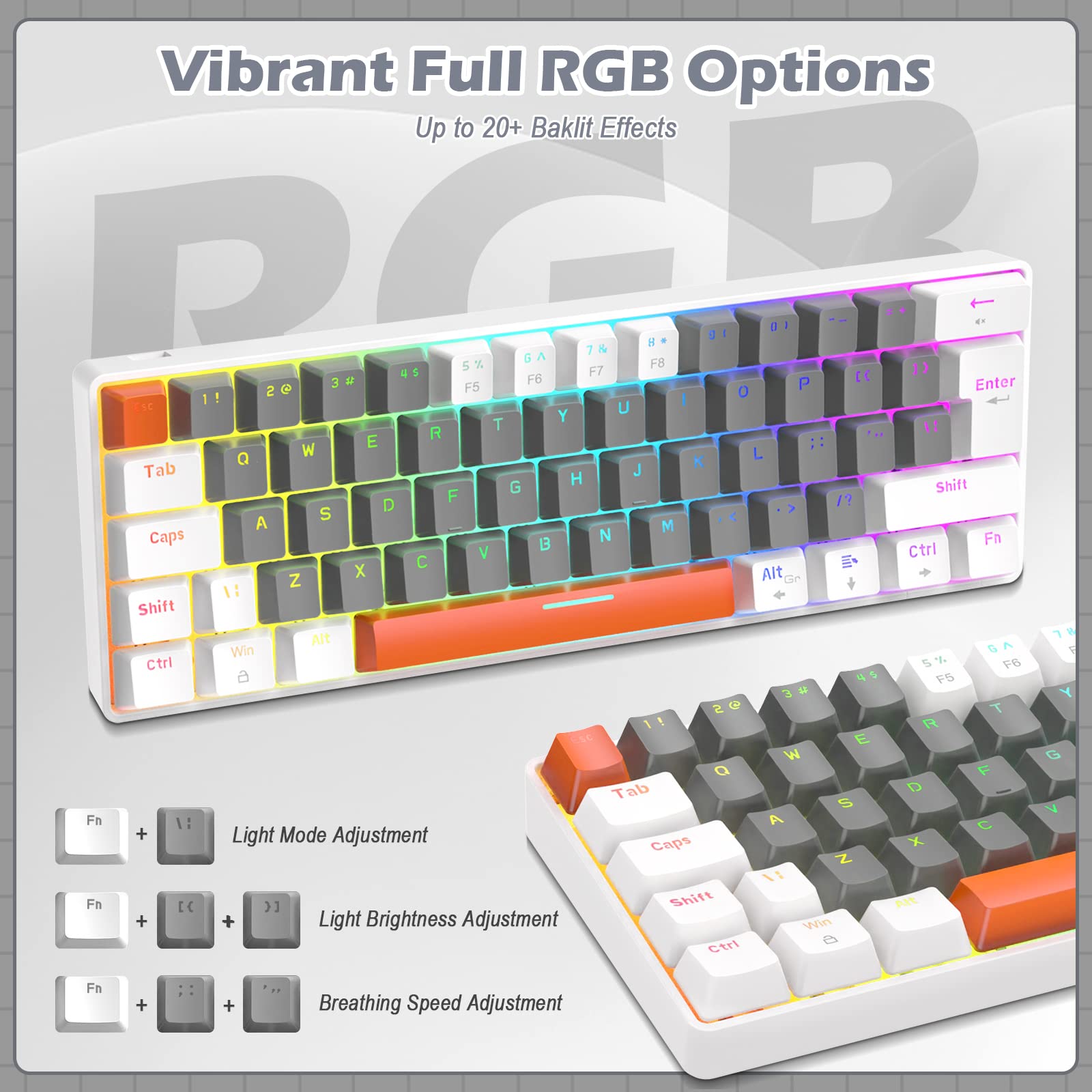 ZIYOU LANG RK-T60 Wired Mechanical Gaming Keyboard and Mouse Combo Portable with Rainbow Backlit 62Key NKRO 6400DPI RGB Honeycomb Mice Coiled Aviator Cable for PS4/PC/WIN Gamer(Light Gray/Red Switch)