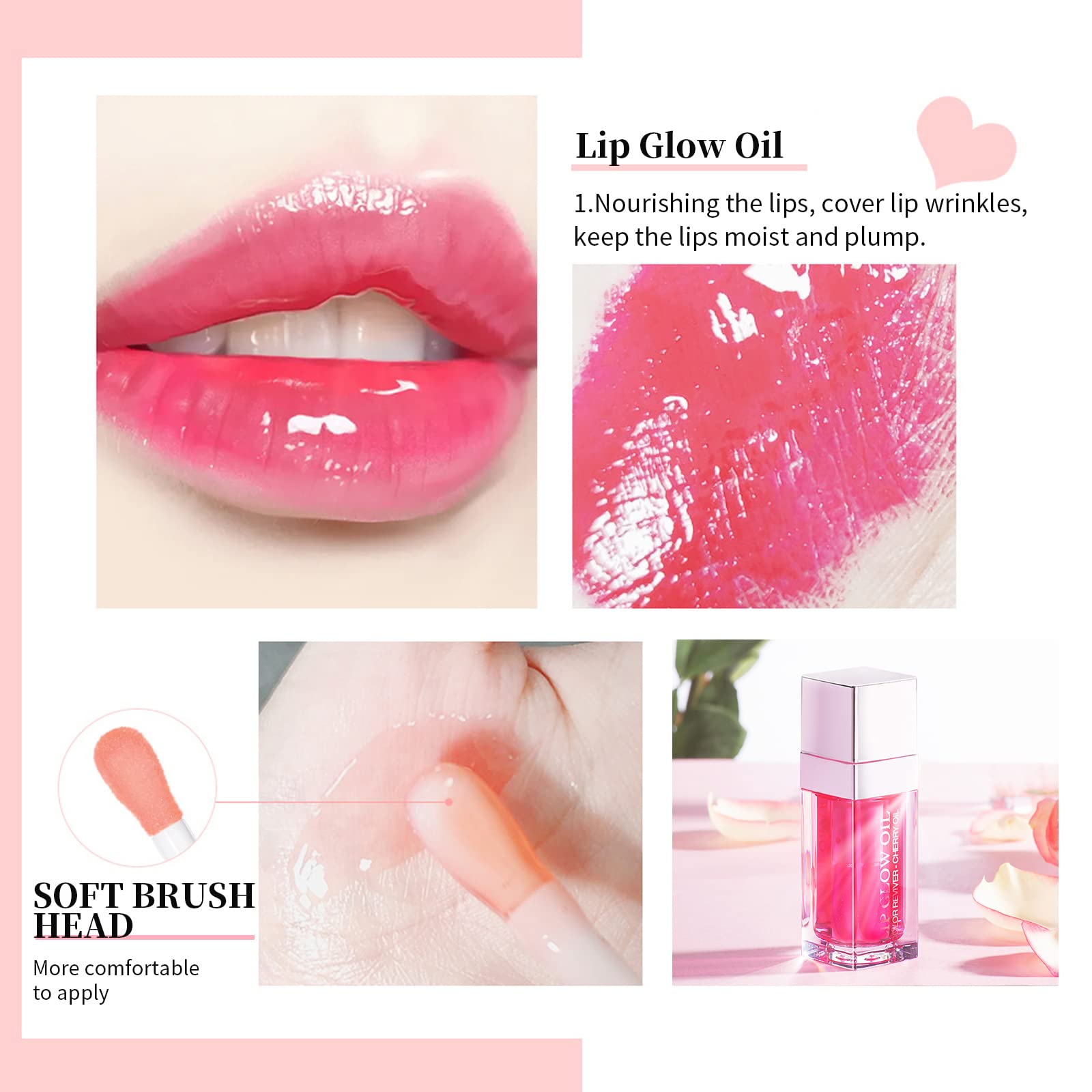 2pcs Hydrating Lip Glow Oil Set Pink Tinted Plumping Lip Care Gloss Balm Big Applicator Clear Transparent Toot Nourishing Non-sticky Moisturizing Glitter Primer for Dry Lip Raspberry& Rosewood