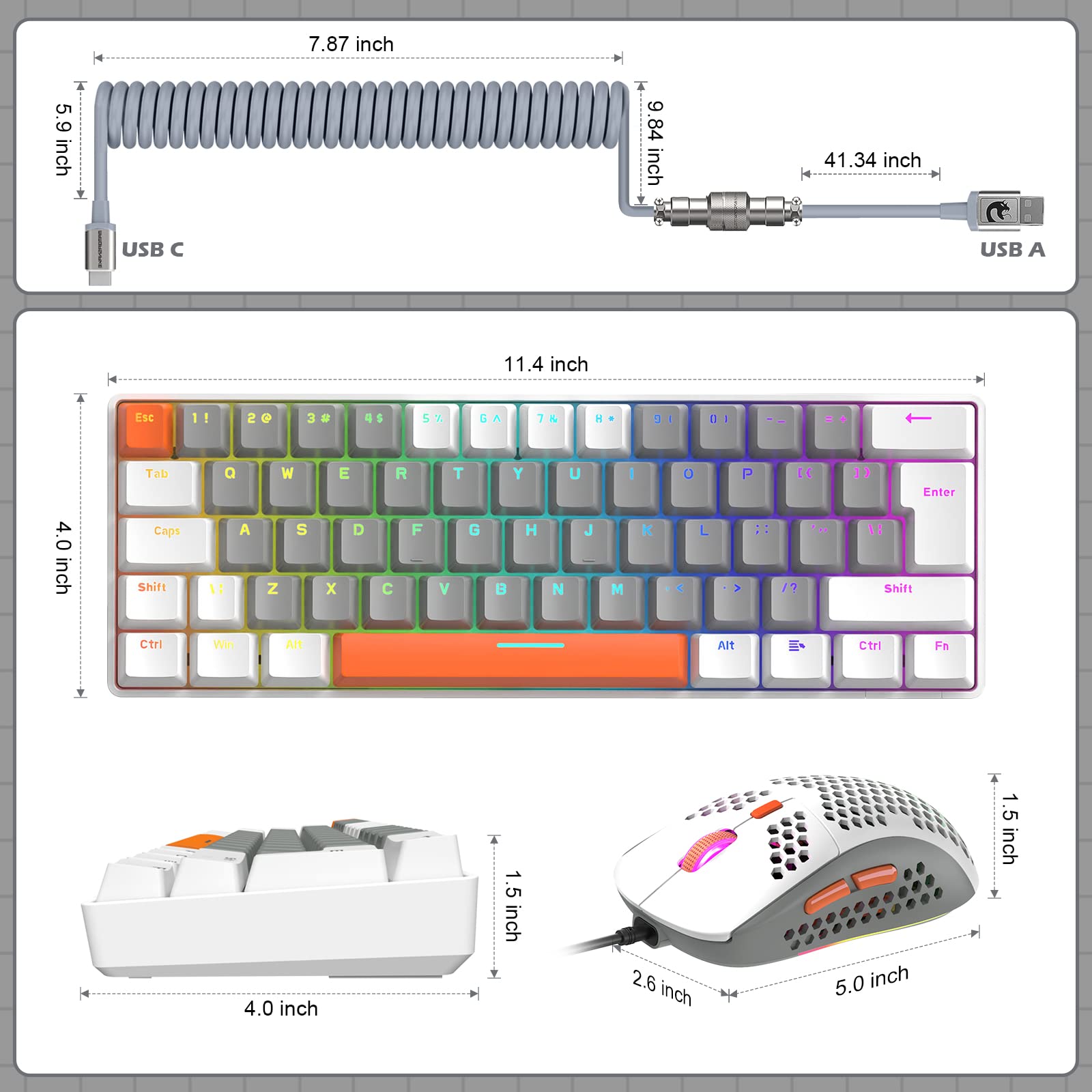 ZIYOU LANG RK-T60 Wired Mechanical Gaming Keyboard and Mouse Combo Portable with Rainbow Backlit 62Key NKRO 6400DPI RGB Honeycomb Mice Coiled Aviator Cable for PS4/PC/WIN Gamer(Light Gray/Red Switch)